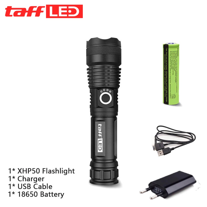 Senter LED Flashlight USB Rechargeable XHP50 with 1x18650 + EU Adaptor - JHS522X - Black