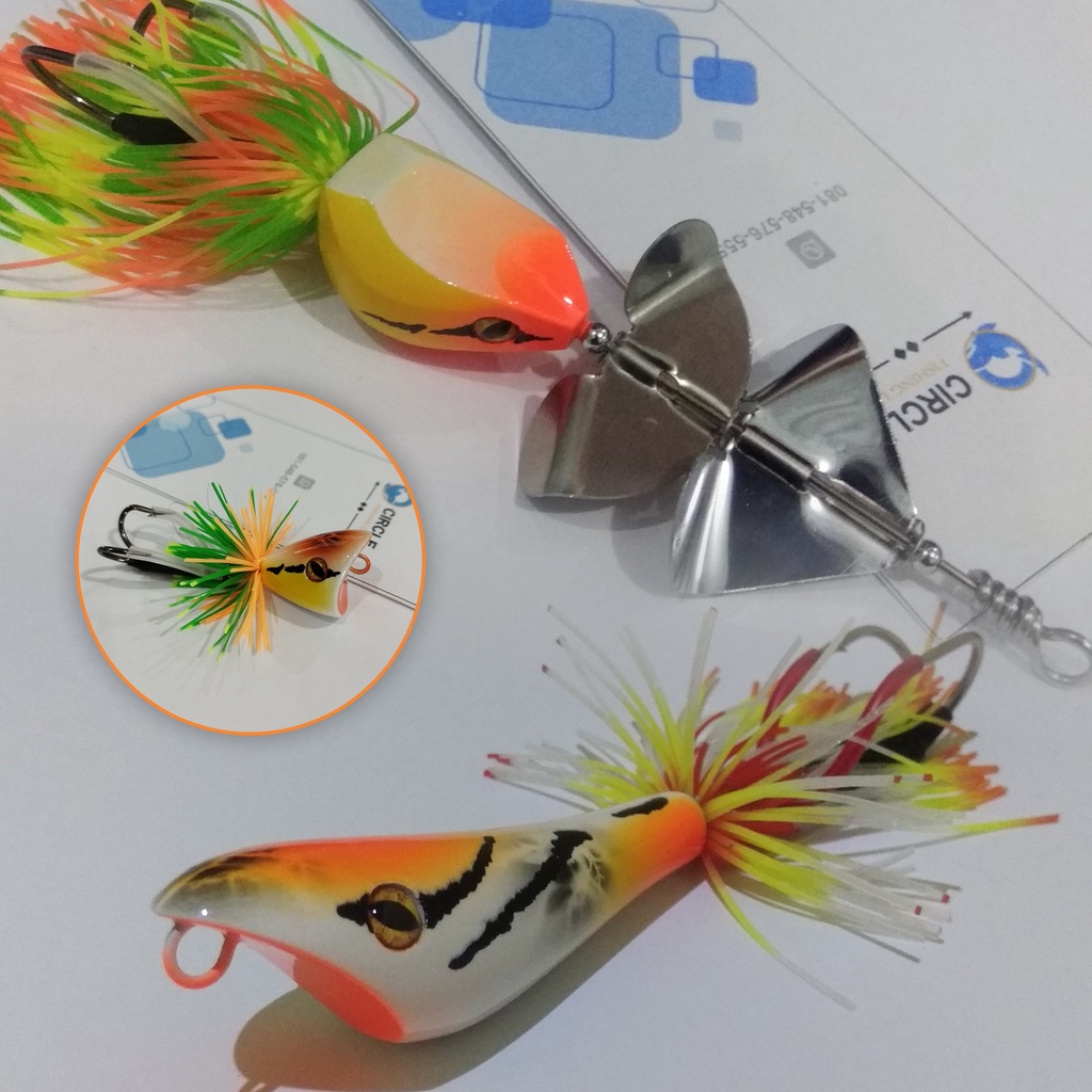 PAKET HEMAT LENGKAP Umpan pancing toman dan gabus Slashbait Double Propeller , Jaws Frog mini 7 gram