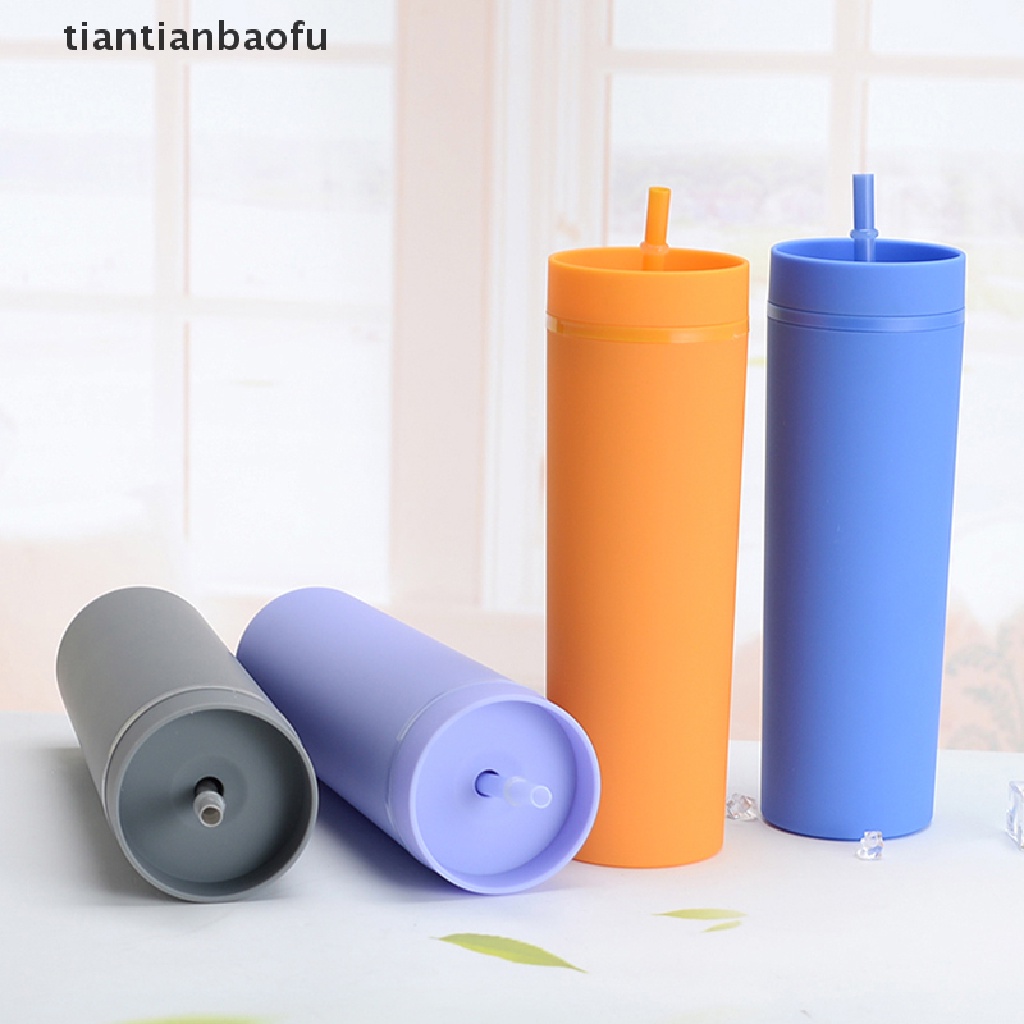 [tiantianbaofu] 1pc Reusable Skinny 16oz Plastic Tumbler Double Wall Tumbler with Straw Boutique