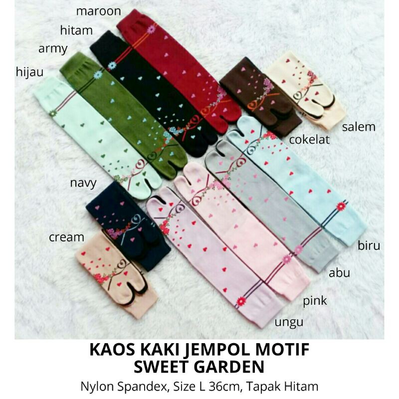 Kaos Kaki Jempol Wanita Muslimah/Ahwat Motif Sweet Garden (Nylon Spandex Size L Tapak Hitam Panjang)