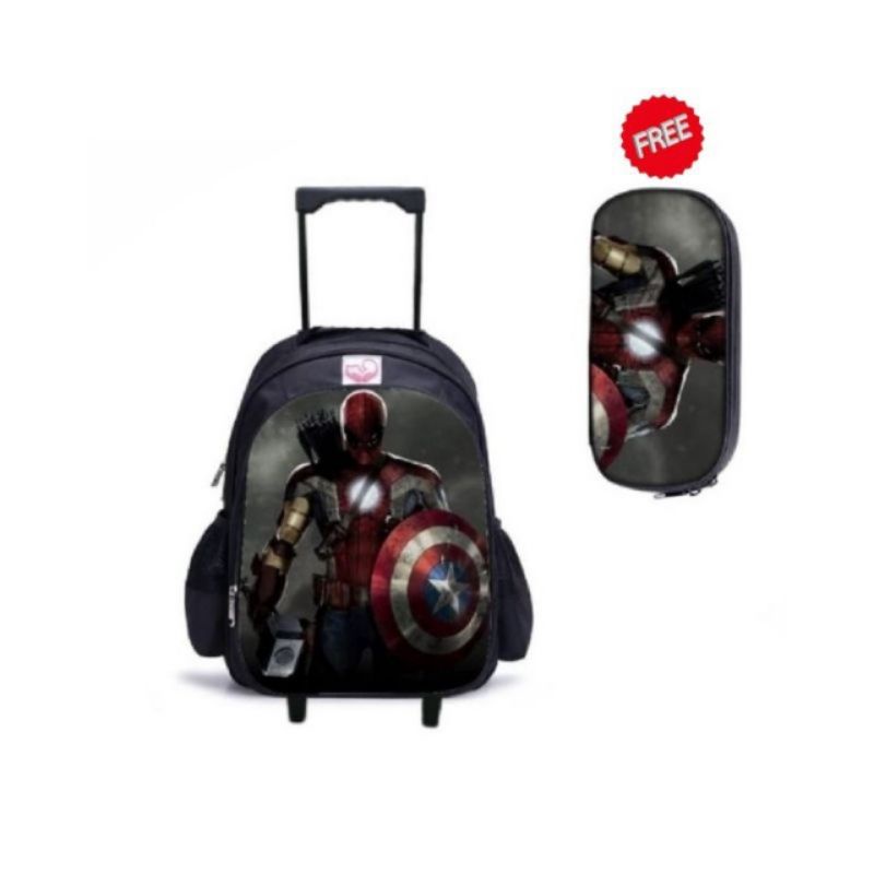 Tas Ransel Troli Anak Karakter Superhero/ Tas Ransel Trolley Dorong Anak Laki-laki Free Pouch [BISA COD]