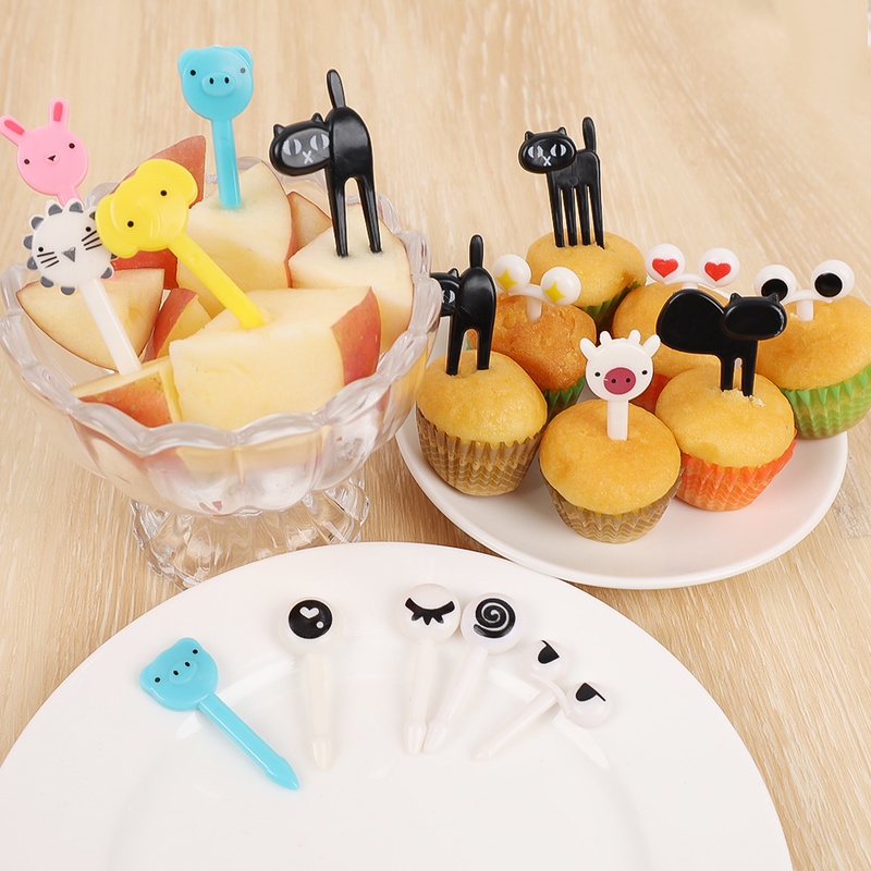 6 / 10pcs / Set Garpu Buah / Dessert / Kue Bentuk Hewan Dinosaurus / Mata Kucing Hitam Ukuran 3-6CM Untuk Dekorasi Pesta