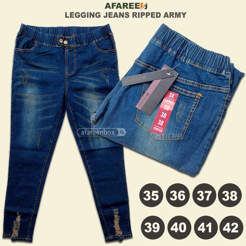 AFAREEN - Celana Jeans Wanita Ripped Whisker Legging Jeans Ripped Button Melar Pinggang Karet Jumbo 35-42