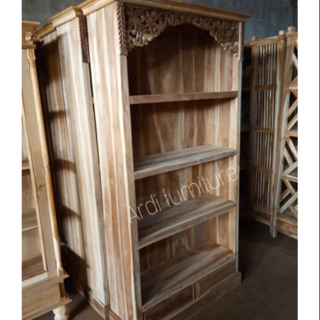 Rak buku tempat pajangan buku kayu jati lemari almari ukir Jepara free ongkir