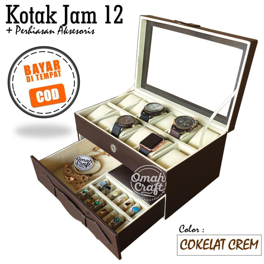 COKELAT CREM - Kotak Jam Tangan isi 12 Mix Perhiasan Emas / Box Jam Tangan / Tempat Jam  Arloji