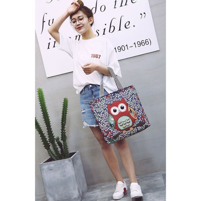 [COD] Tas Totebag Kanvas Motif Karakter Burung Cute Import Ala Korea Tas Totebag Kanvas Tas Kuliah Cute