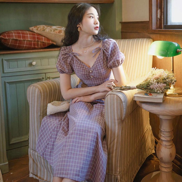 VIOLET DRESS UNGU MUDA SQUARE MIDI DRESS KOREA LILAC KOTAK-KOTAK IMPOR(D0J2) DAILY DRESS OUTFIT - DA