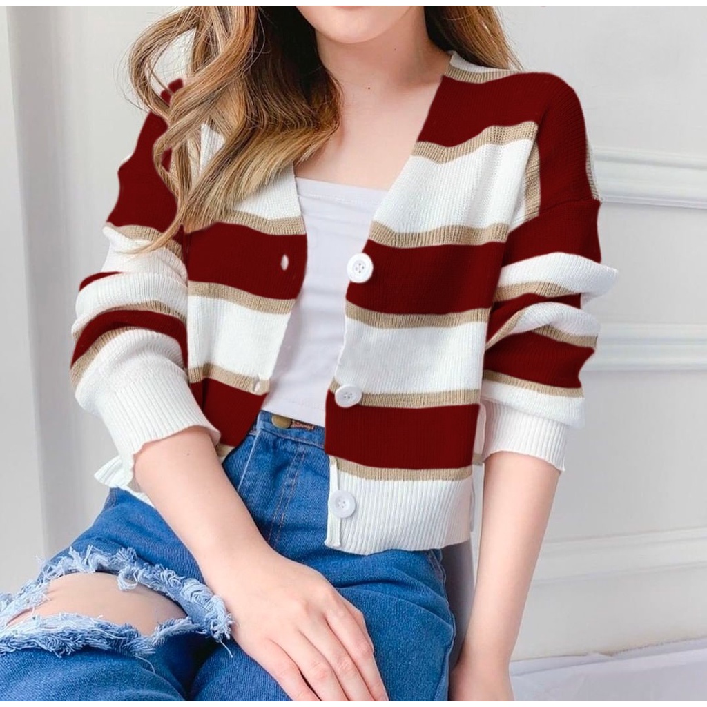 Cardi Ffolenn - Cardigan Rajut Wanita Terbaru - Cardi Motif Garis - Garis - Pakaian Perempuan