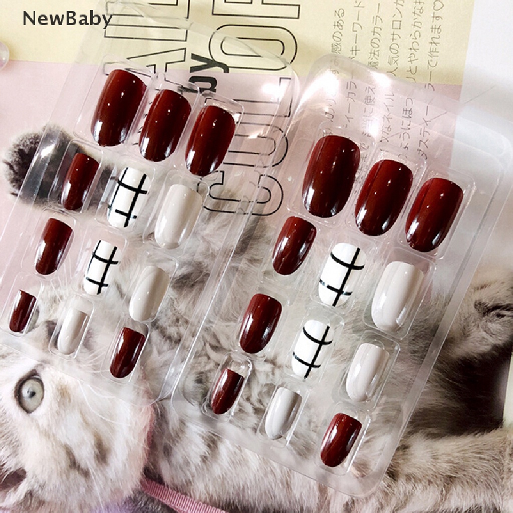 Newbaby 24pcs / Set Kuku Palsu Pendek Warna Merah wine Untuk nail art / Manicure diy