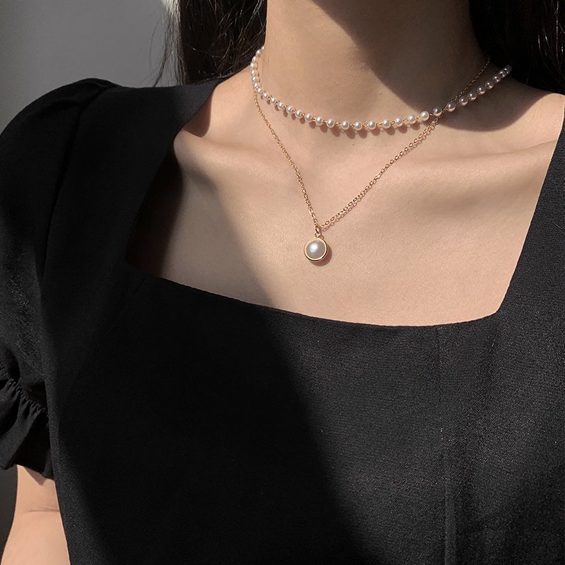 Kalung Rantai Klavikula Hias Mutiara Ganda Gaya Retro