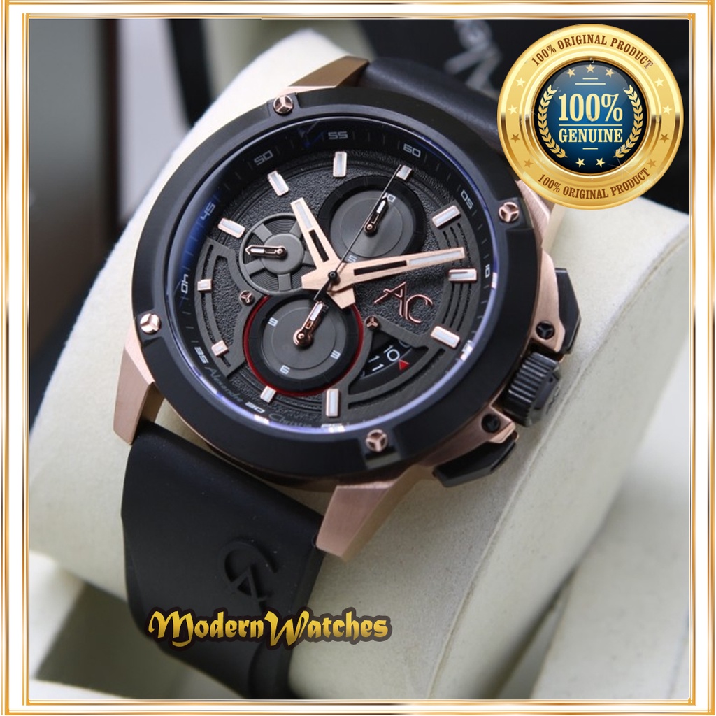 Jam Tangan Original Alexandre Christie Pria AC 9602 Hitam Rosegold Black Karet Sporty Terbaru