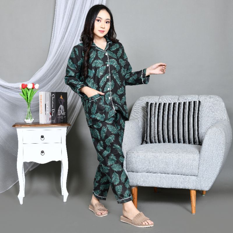 Baju Tidur Piyama Wanita/Cewek Pajamas Dewasa Katun Motif Coco Daun PP Lengan Panjang Kekinian