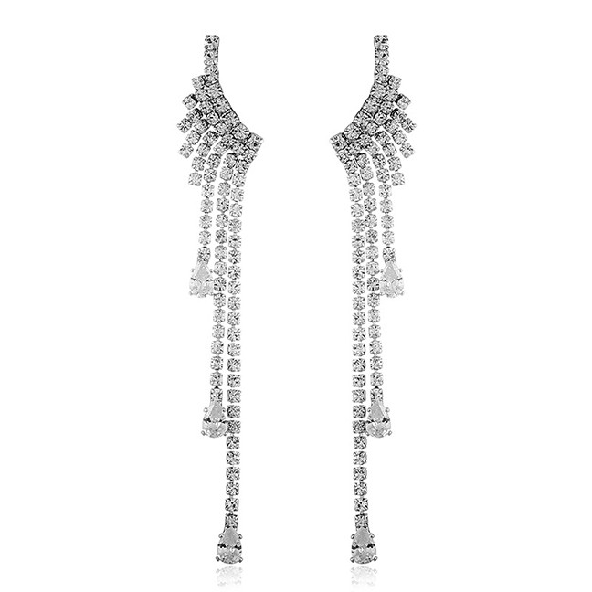 LRC Anting Tusuk Fashion Silver Rhinestone Tassel Earrings F33181