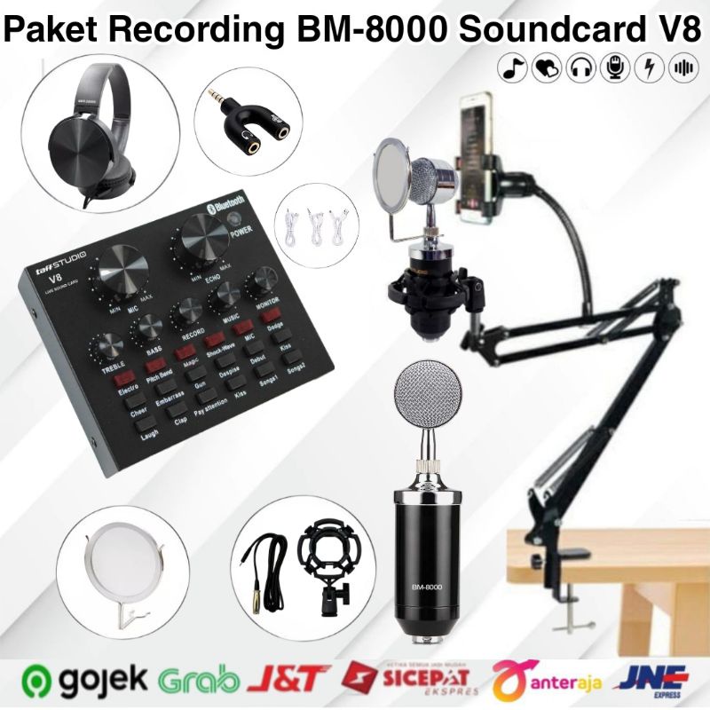 Paket Mic BM8000 Soundcard V8 Stand Phone Holder Home Recording Terbauk