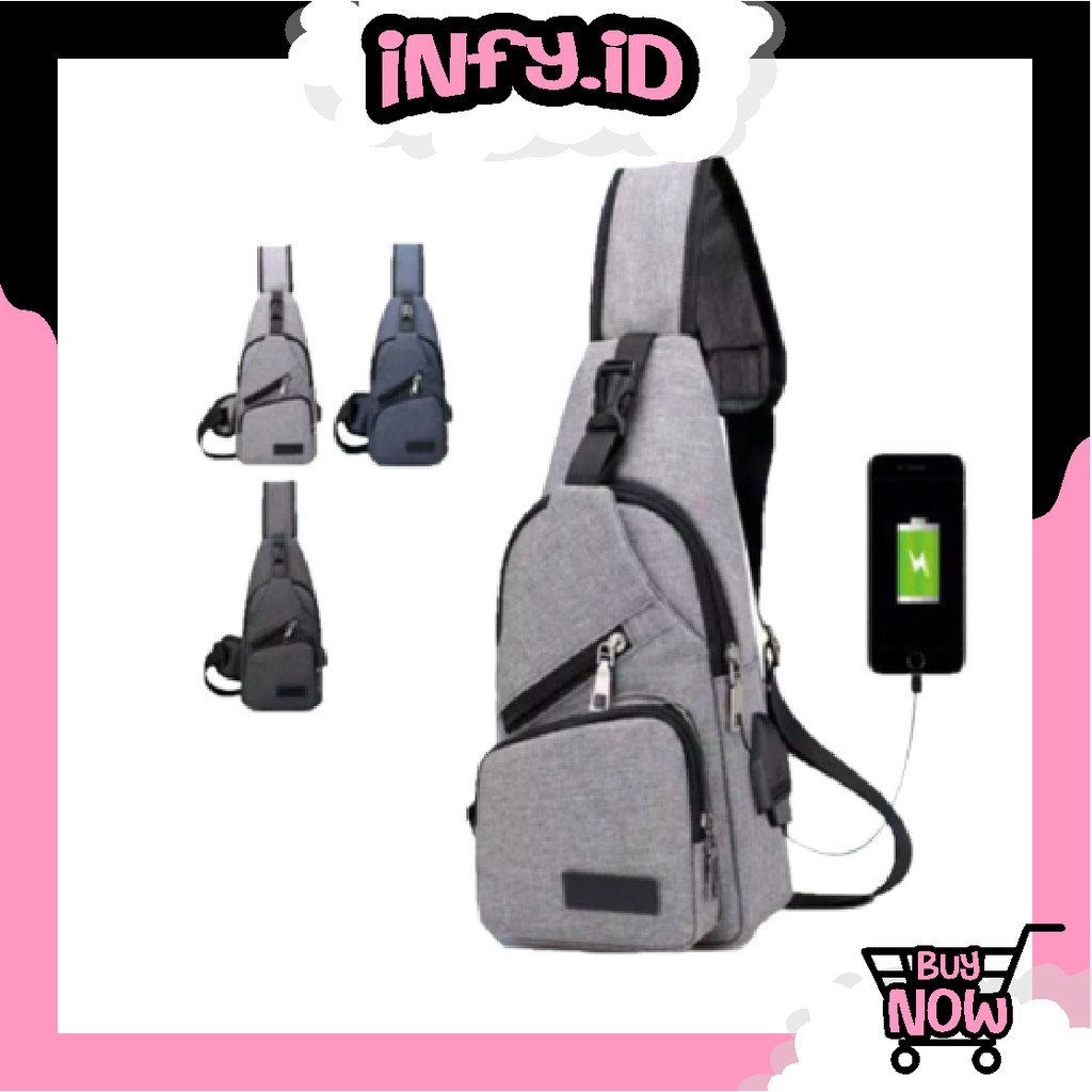 INFY - Tas Hp Selempang Dada USB Port Kanvas Sling Bag Travel Fashion Pria P005 Import Murah