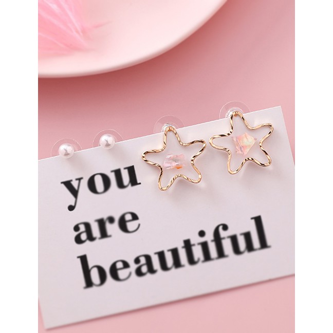 LRC Anting Tusuk Fashion S925 Silver Needle Star Shell Sequin Pearl Earrings Four-piece F68145