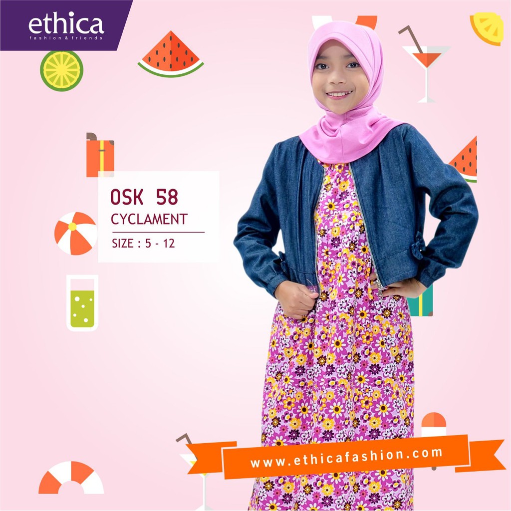 OSK 58 by Ethica Gamis Anak  Inner Katun Jepang Motif Bunga Outer Denim dan Jilbab Kaos