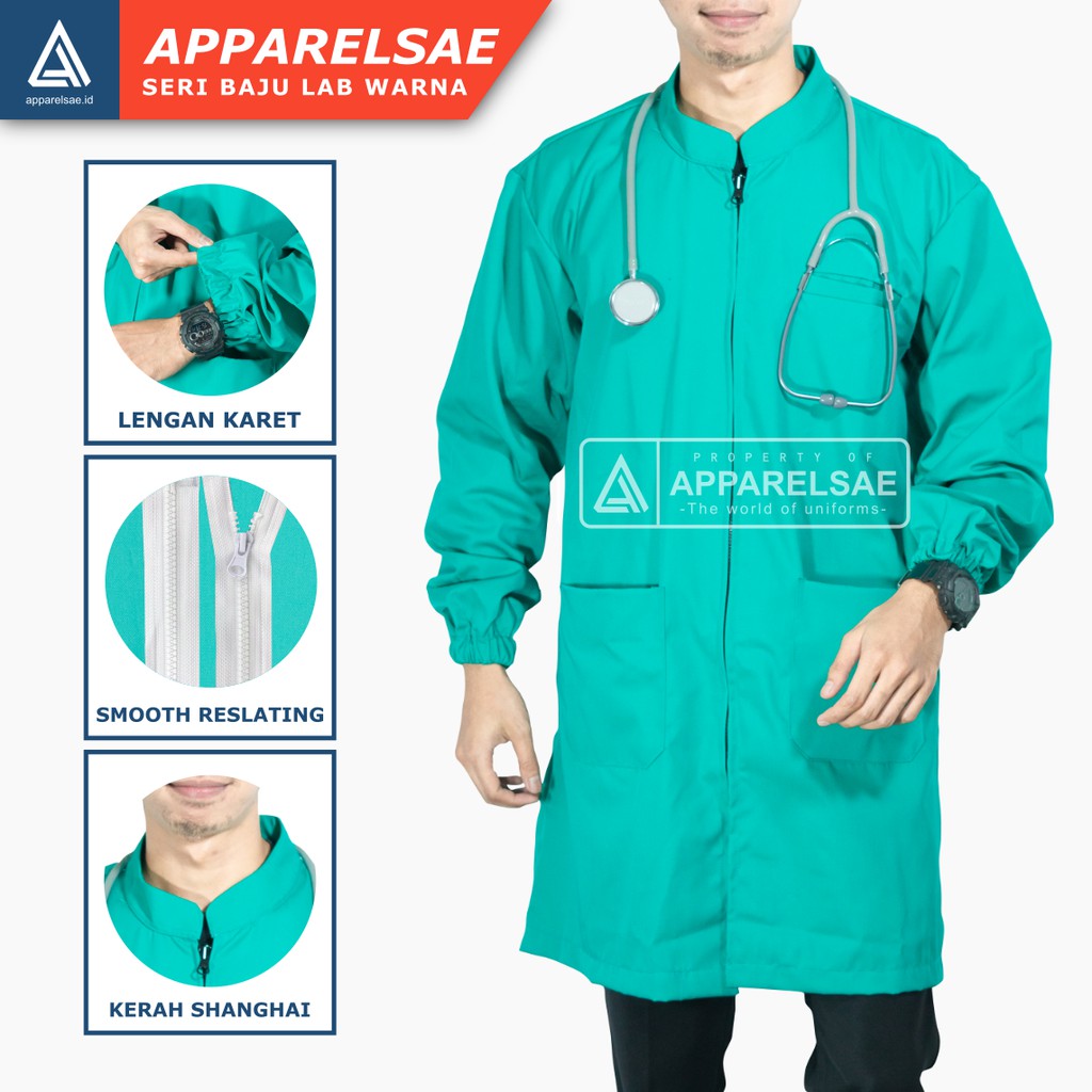 JAS LABORATORIUM KATUN LEMBUT & TEBAL / JAS LAB / BAJU PRAKTIK DOKTER LENGAN KARET WARNA HIJAU TOSCA