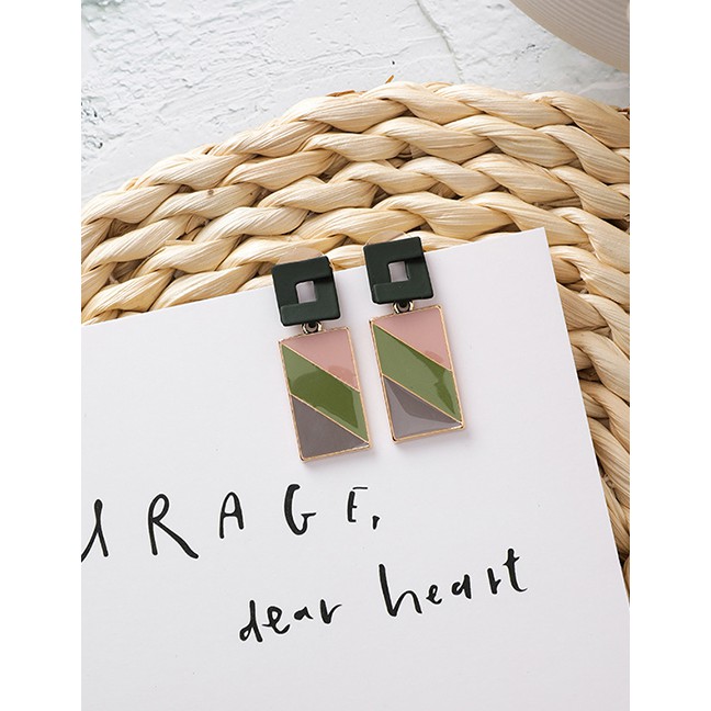 LRC Anting Tusuk Fashion Green 925 Silver Stitch Color Drop Glaze Rectangular Earrings D24591