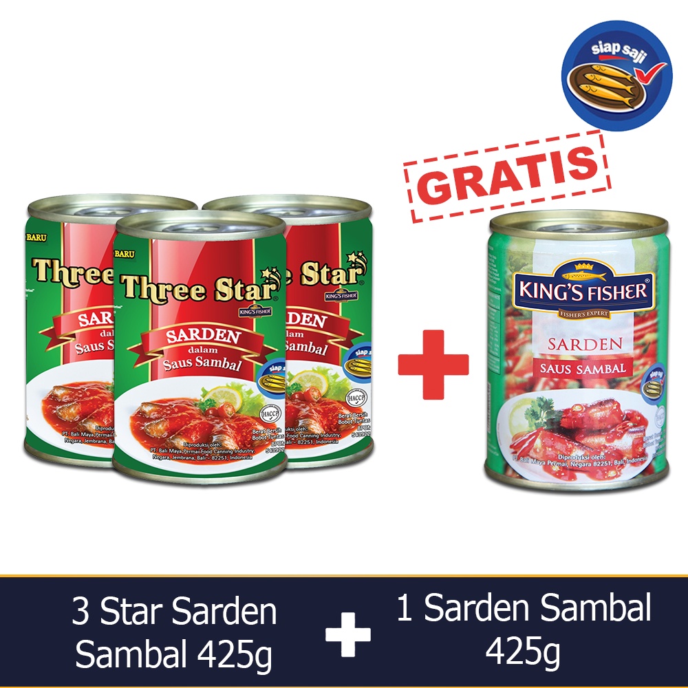 

King's Fisher Three Star Paket 4 pcs Sarden saus Sambal 425g Makanan Kaleng