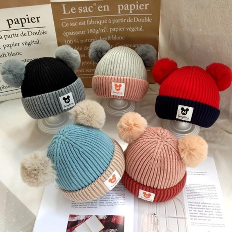Topi Anak Bayi Kupluk Cewek Pompom 2 Warna / topi bayi perempuan 0-6 bulan lucu korea / Topi Anak Ba