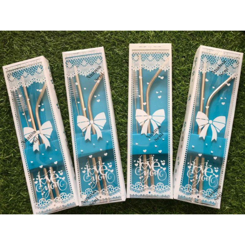 Souvenir Pernikahan Sedotan Set Stainless kemas Mika Motif Sedotan Minum Stainless Souvenir