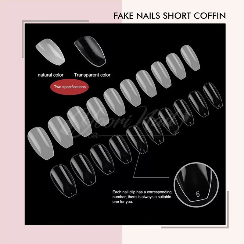 Fake nails Short coffin ballerina 500pcs kuku palsu coffin pack natural cream clear transparant