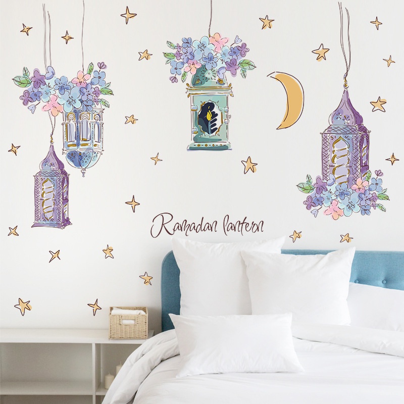 2pcs / set Stiker Dinding Desain Bulan Bintang Ramadhan Warna Ungu Untuk Dekorasi Kamar Tidur