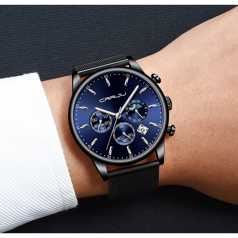 CRRJU Jam Tangan Pria/Wanita Cool Trendy Quartz Chronograph Stainless Steel Anti Air Chronograph Korea untuk Jam Origina