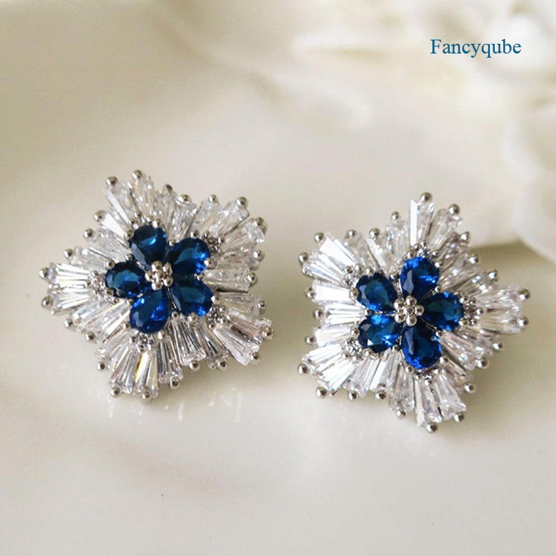 Fancyqube Anting Stud Desain Bunga Estetik Biru / Putih Bahan Cubic Zirconia Untuk Pernikahan