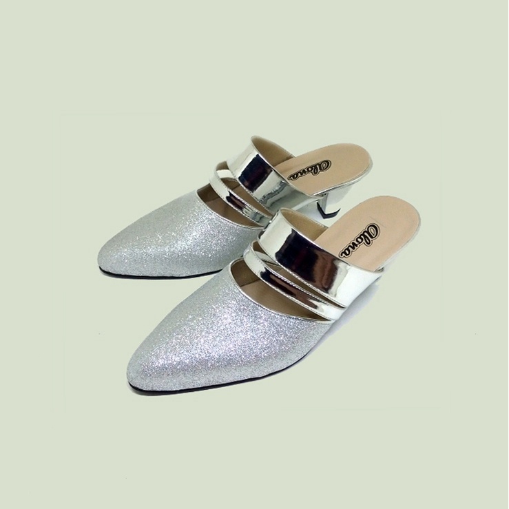 Sepatu sendal bustong Wanita Sandal Heels Ukuran Jumbo Besar 40-41-42-43-44-45  Sepatu Pesta Wedding Cantik heel mules big size glamor silver