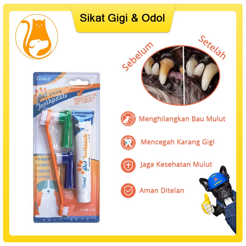 Hugopet Sikat Gigi  Kucing Anjing Pasta Gigi Tooth Brush and Paste 4 in 1 Set For Pet