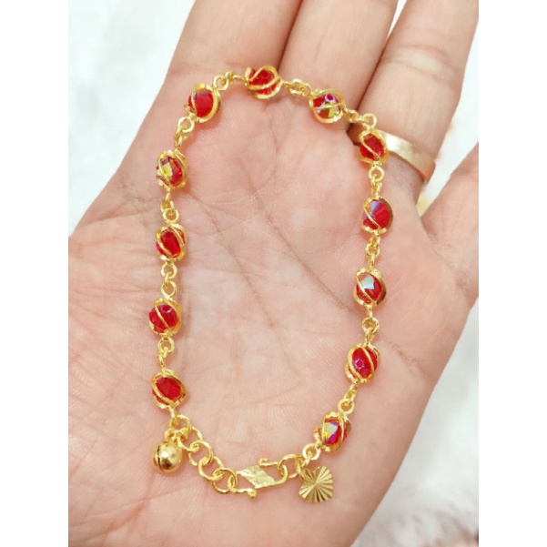 GELANG TANGAN KRISTAL MERAH PERAK 925 LAPIS EMAS 24K