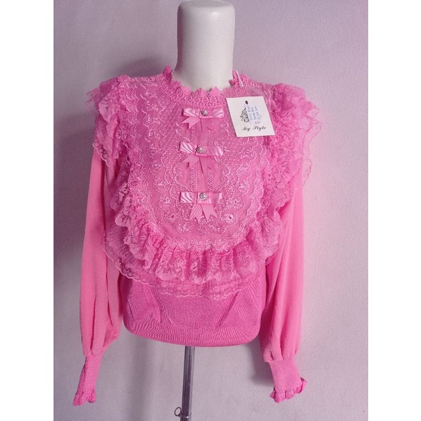 Atasan Import Kaos Rajut Renda Pink