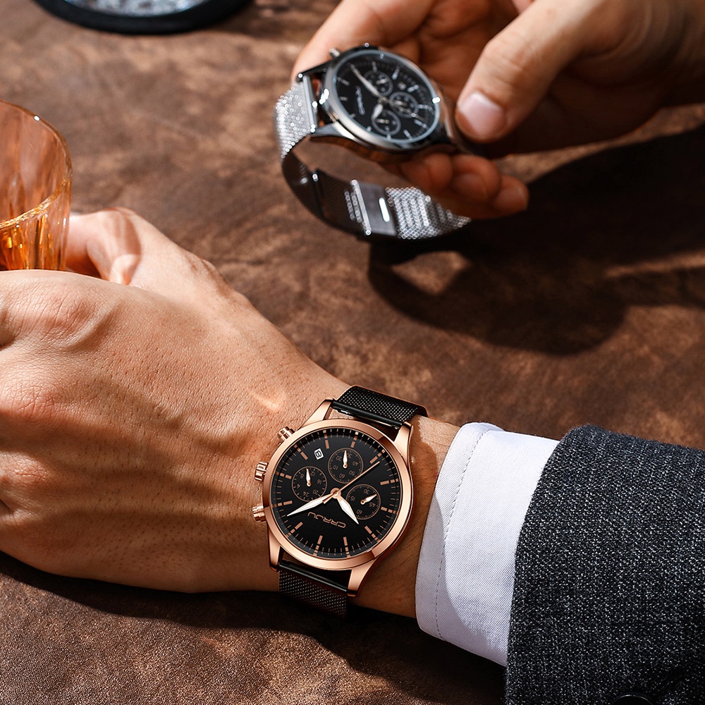 CRRJU Jam Tangan Pria Baru Kuarsa Besar Jam Tangan Cowok Baja Penuh Tahan Air Chronograph Bercahaya