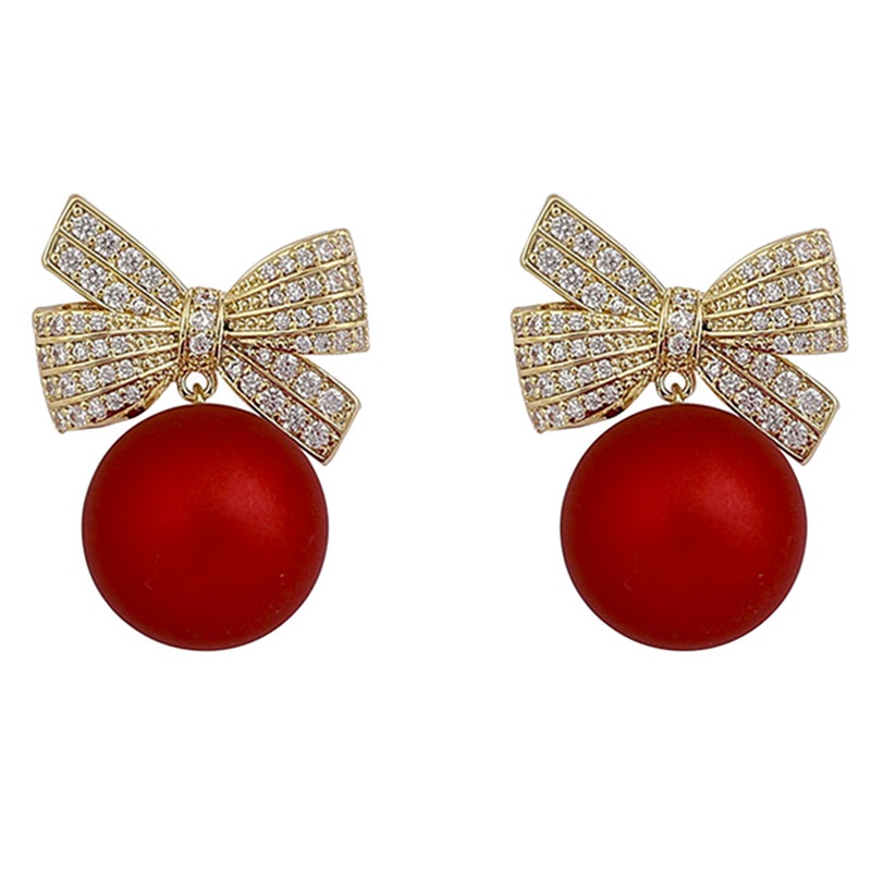 Fancyqube Anting Stud Kristal Mutiara Berlian Imitasi Model Pita Bunga Cherry Merah Untuk Wanita