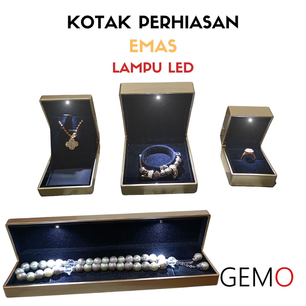 Kotak Perhiasan Berlampu Warna Emas Set / Cincin / Liontin / Gelang / Kalung Koye / Jewelry Box Tempat Perhiasan Lampu LED Murah Cocok Untuk Gift / Hadiah, Lamaran, Mahar Pernikahan, Hantaran Tunangan, Seserahan Pernikahan