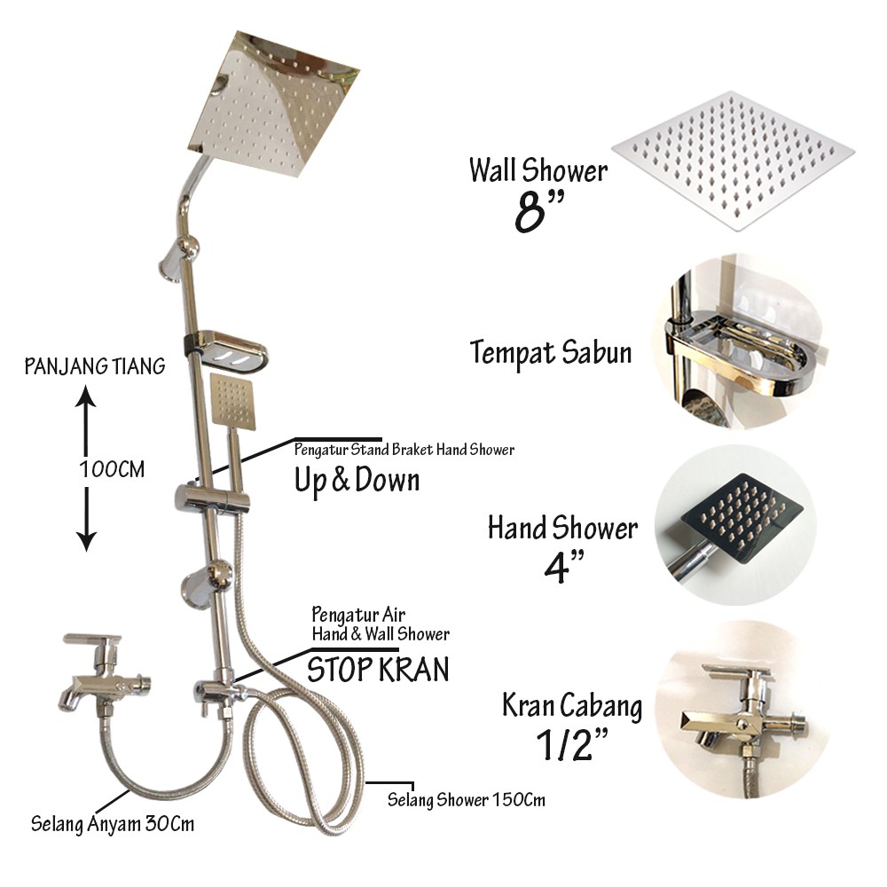 Full Set Shower Mandi Set Tiang + Kran Cabang 1/2&quot; SHOWER COULUMN Stainless Model Kotak / Wall &amp; Hand Shower Stainless / Shower Tiang