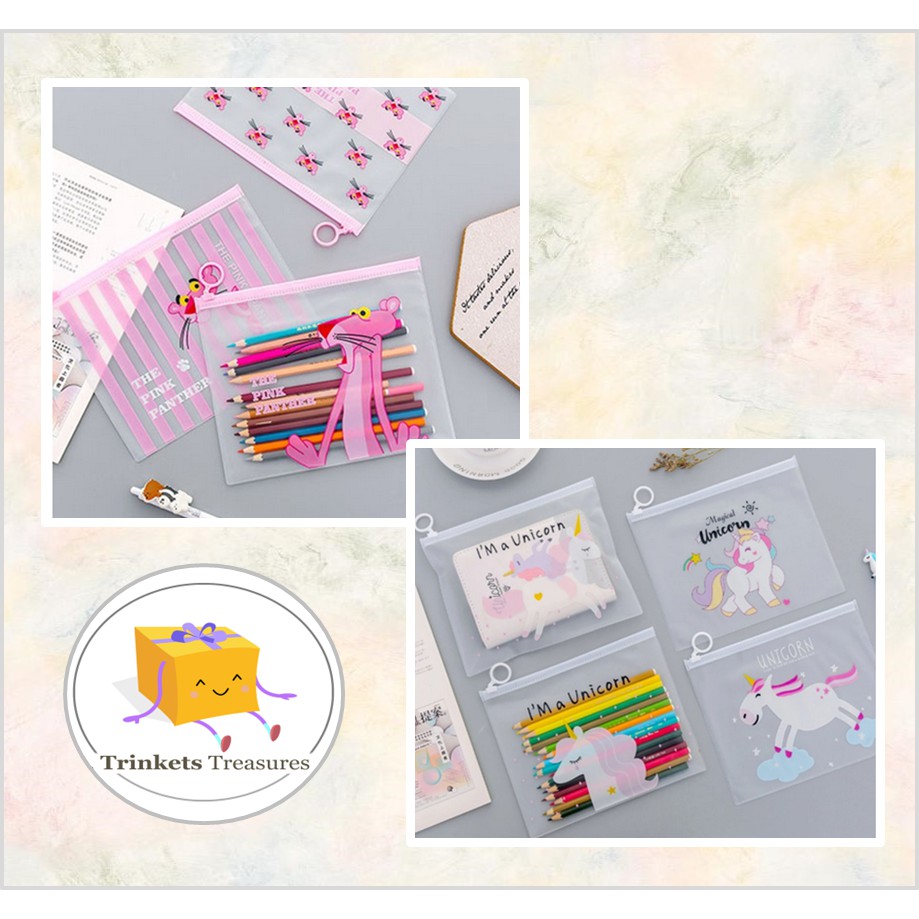 

Zipper pouch transparan pink panther unicorn Kotak pencil organizer