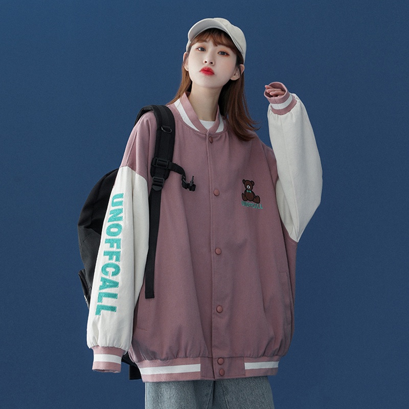 Newlan WT003 Jaket Baseball Japanese Harajuku BF Unisex Jacket College Baseball --- Jodian Baseball Jacket-WT006 Merah Jambu