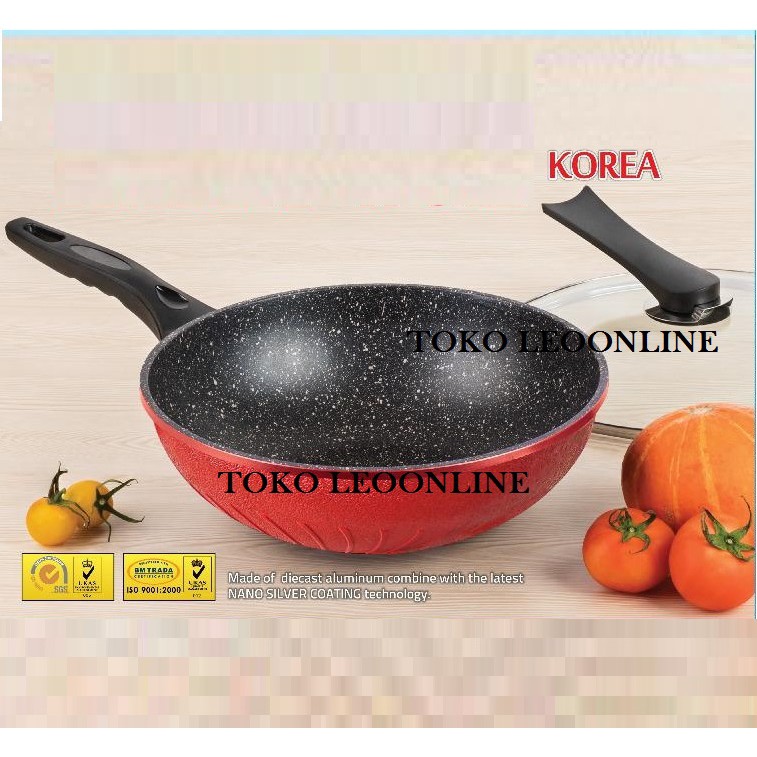 Korea Wok Pan Bukan Wok Moegen - Anti Lengket - Lapisan Marbel + Tutup Kaca 30 cm