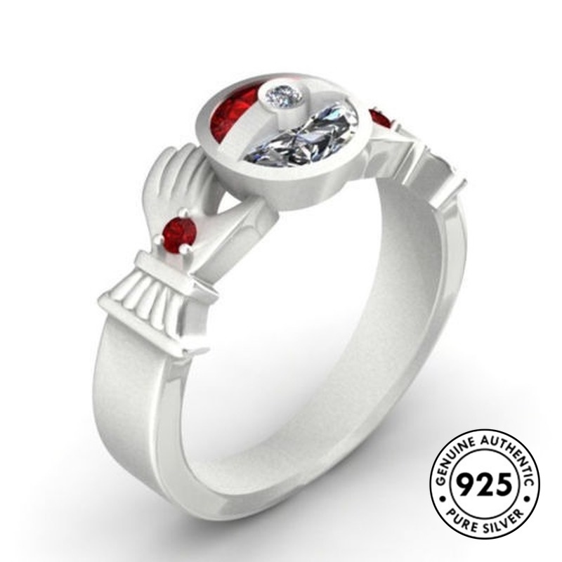 Cincin S925 Silver Bentuk Poke Ball Aksen Berlian