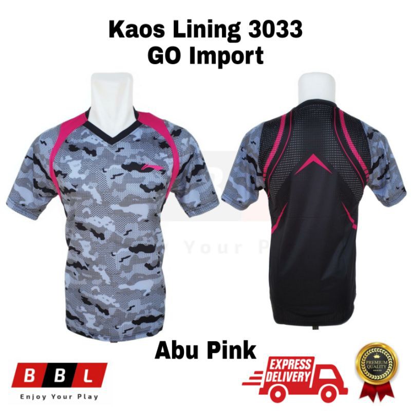 Kaos Badminton Lining 3033 Abu Pink Grade Ori / kaos Bulutangkis Lining GO Import / baju badminton