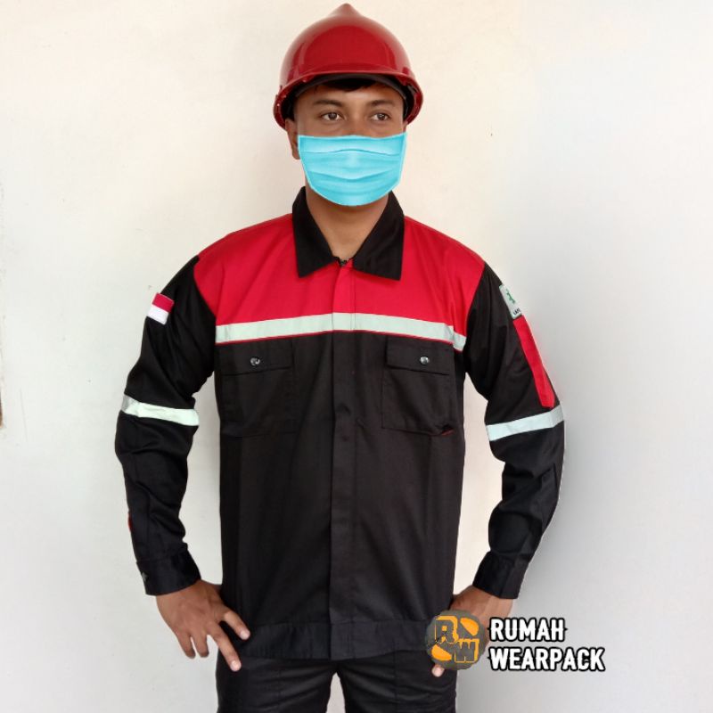 Baju Kerja/ Wearpack Proyek/ Seragam Kerja Lengan Panjang Atasan Hitam Merah