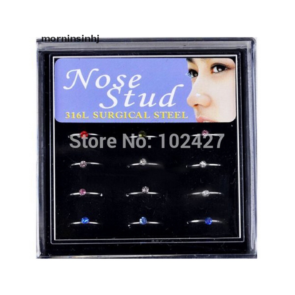 1 Kotak 18pcs Anting Tindik Hidung Bahan Stainless Steel Dengan Kristal