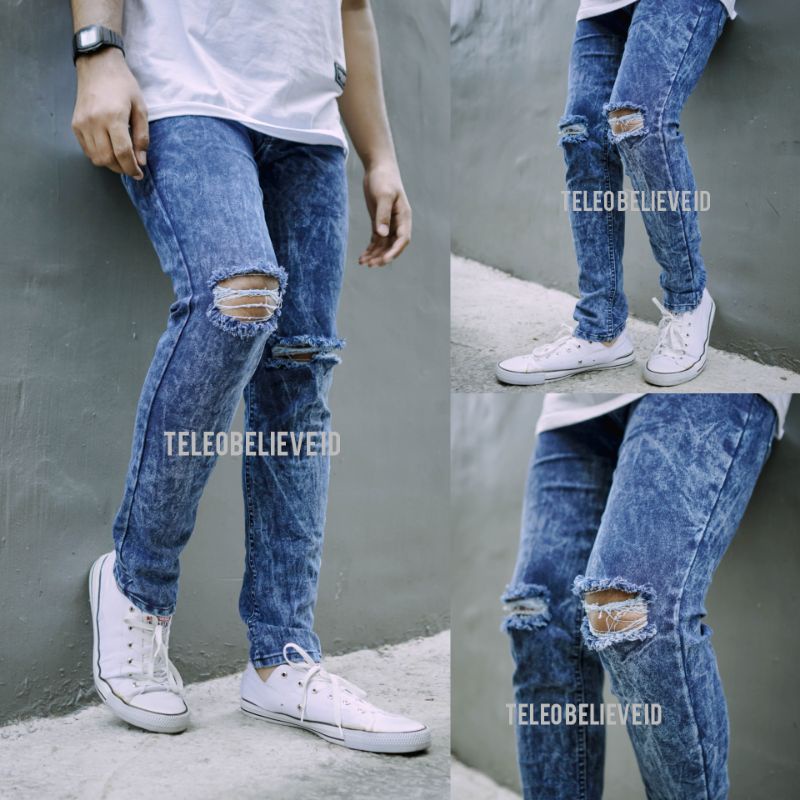 Celana Jeans Sobek Lutut Pria Ripped Jeans 27-38 snow Skinny Strecht