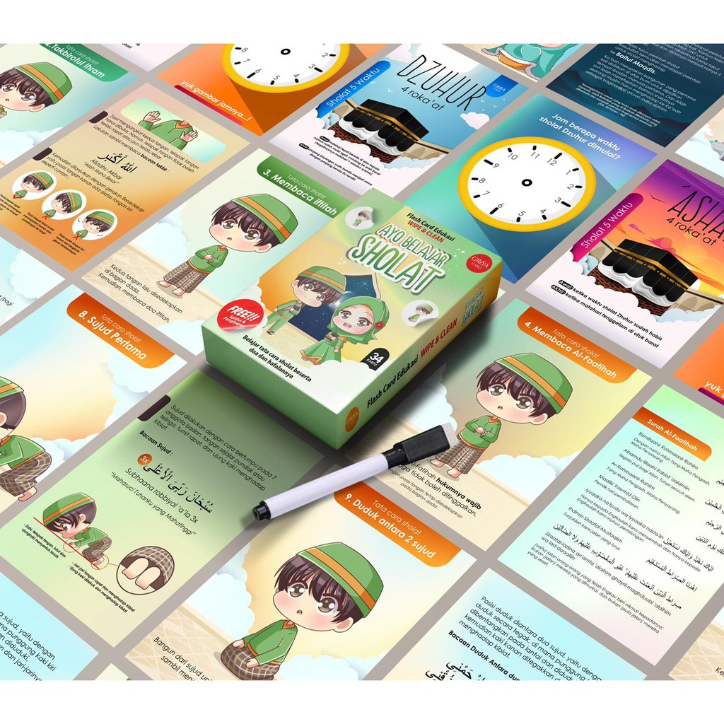 Flash Card Flashcard Sholat | 34 Kartu | Glossy | Besar | Spidol