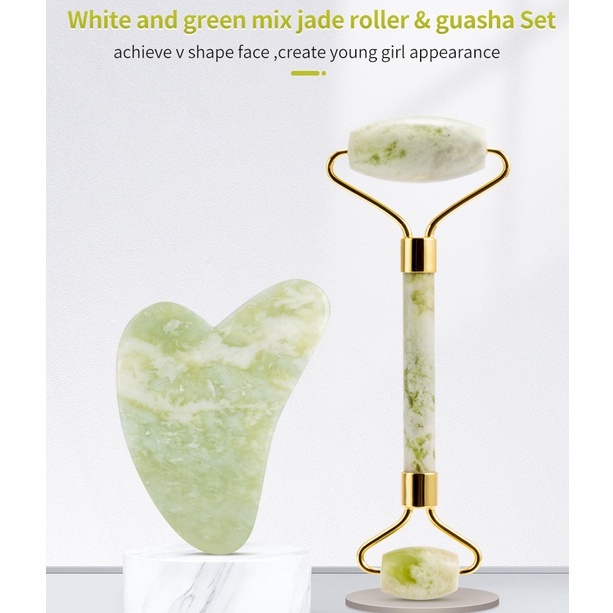 Gua Sha &amp; Roller Facial Massage (Box Coklat) - Green Jade &amp; White Green Jade