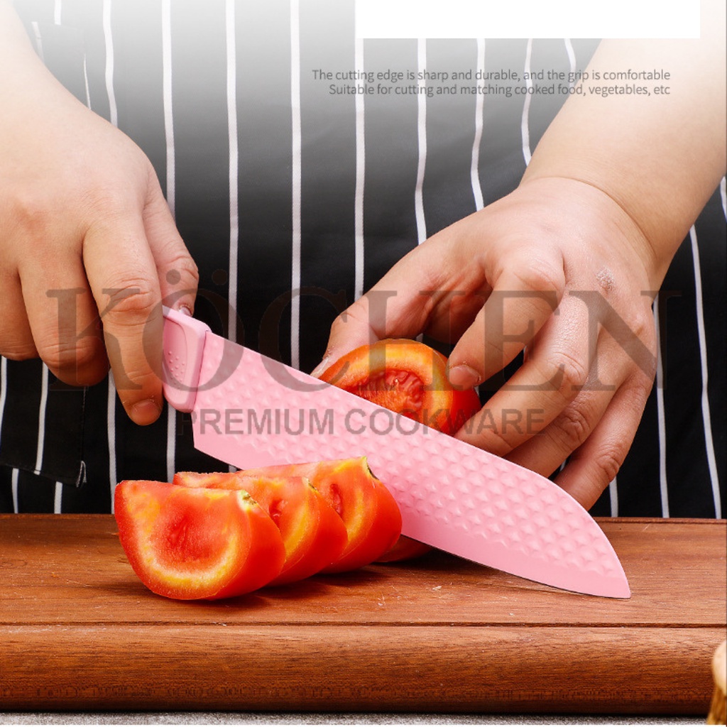 MYKOCHEN.INA Pisau Diamond Dengan Asahan Set 6in1 Pink Knives Dapur Daging Buah Sayur Ikan Kekinian Anti Karat