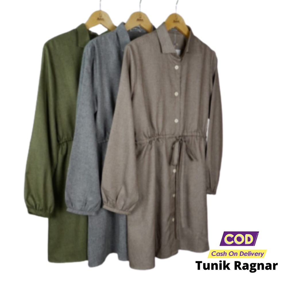 Baju Tunik Atasan Wanita Ragnar Serut Pinggang Kancing Depan Bahan Madinah Katun Premium All Size